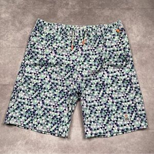 Psycho Bunny Swim Trunks Boys 18/20 Blue Green Geometric Resort Beach Mesh